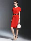 宝莉宝姿2016夏季女装新款气质时尚收腰短袖红色连衣裙正品特价