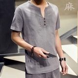 夏季男士棉麻短袖民族风宽松大码中国风亚麻T恤V领薄款上衣服男装