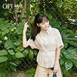 OPT2016夏装新款复古日系收腰格子衬衫女蝙蝠袖棉麻中长衬衣R3018