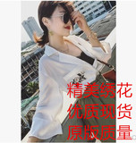 2016年夏季女韩版白色樱花刺绣潮百搭七分袖修身V领衬衫