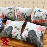 中式抱枕 中国风花鸟古典水墨荷花红木沙发大靠垫新古典棉麻靠枕