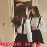 2016春季新品韩版时尚修身蕾丝上衣+纯色背带半身裙子两件套装女