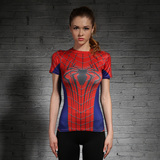 包邮女子蜘蛛侠紧身衣运动弹力短袖修身显瘦瑜伽健身衣跑步衣