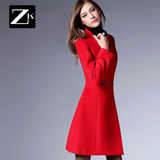 ZK旗舰店2016冬装新款毛呢外套女装潮中长款红色呢子大衣修身收腰