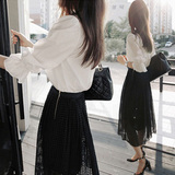 2016秋季套装女时尚两件套韩版连衣裙中长款七分袖衬衫女黑色长裙