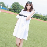 夏季韩国学生宽松纯色短袖高腰连衣裙学院风清新少女中长款娃娃裙