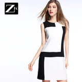 ZK撞色拼接修身显瘦连衣裙女无袖时尚气质包臀铅笔裙2016夏装新款
