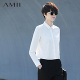 Amii2016春夏新衬衫女长袖短款修身显瘦纯色翻领韩版时尚个性衬衣