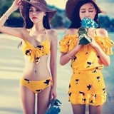 韩国情侣保守裙式三件套泳衣女遮肚显瘦泳装黄色分体比基尼泡温泉
