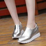 新款女鞋银色跑步鞋真皮松糕厚底运动休闲鞋白色板鞋浅口女单鞋