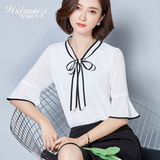 雪纺衫女短袖衬衫蝴蝶结领带 2016夏装新款女装 韩版喇叭袖打底衫