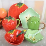 包邮甜品碗可爱草莓套装水果碗米饭碗创意陶瓷碗盘杯子勺儿童餐具
