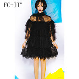 fcii春装新款女装2016蕾丝连衣裙性感透视装大码多层蝴蝶结七分袖