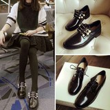 2016夏韩版黑色小皮鞋英伦风女鞋学院风平底百搭学生系带珍珠单鞋