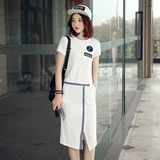 时尚套装女2016夏季新款女装韩版短袖修身白色休闲套装裙 两件套