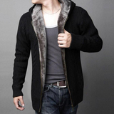 2015冬季男士连帽加绒加厚开衫毛衣外套韩版男装粗毛线针织衫大衣