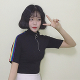 韩国ulzzang夏季女装原宿复古修身小高领短袖t恤韩版短款上衣学生