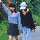 LRUD2016秋季新款韩版V领套头宽松针织衫女长袖薄款纯色打底衫