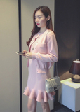韩版春超美纯色针织两件套 开衫长袖外套+无袖鱼尾荷叶修身背心裙