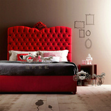 简约现代布艺公主床意大利风格实木雕花双人床拉扣软包床红色婚床