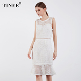 Tinee 透视性感镂空拼接白色蕾丝鱼尾裙 夏修身中长款无袖连衣裙