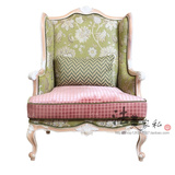 优雅法式 美式乡村 原木色客厅布艺单人沙发 欧式田园单人椅家具