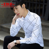 韩版衬衫男长袖修身型条纹格子印花衬衣男士夏季青少年学生寸衫男