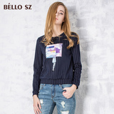 bello sz贝洛安正品2016新款秋装简约短款条纹圆领修身长袖T恤女