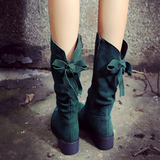 秋冬磨砂皮中筒靴女 平底鞋尖头低跟女靴绿色马丁靴中靴皮靴子女
