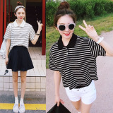韩国短袖t恤女翻领韩版夏款女式条纹t恤女短款半袖潮学生宽松衬衫
