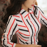 红色ol通勤条纹衬衫女长袖2016春装新款韩版修身显瘦撞色雪纺衬衣