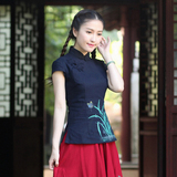2016夏季短袖棉麻旗袍上衣 手绘民族风亚麻日常女士中式上衣