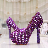 2015春新款水钻超高跟鞋 浅口细跟紫色单鞋防水台水晶鞋 结婚礼鞋