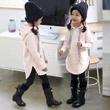 韩国2015秋冬女童装大童纯棉加绒中长款卫衣韩版儿童连帽套头外套