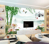 江南山水竹子荷花大型壁画中式田园客厅沙发电视背景墙纸卧室壁纸