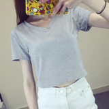 韩版夏季女装新款短款上衣服v领短袖棉t恤修身显瘦基础款打底衫潮