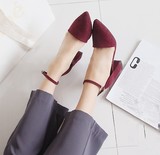 韩国新款黑色酒红色反绒高跟鞋脚环绑带一字带尖头鞋镂空粗跟单鞋