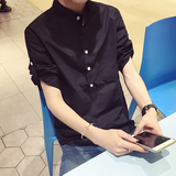 2016夏季新款韩版男士修身七分袖衬衫中袖衬衣打底衫纯色寸衫潮男