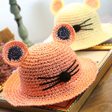 夏季草帽婴儿童遮阳太阳帽猫咪耳朵手工编织软草帽宝宝卡通帽子