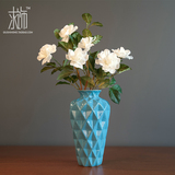 求饰 欧式蓝色陶瓷花瓶 栀子花仿真花套装 整体花艺餐桌插花装饰