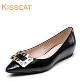 kisscat接吻猫2016年新款平底通勤尖头浅口牛漆皮女鞋KA76301-11