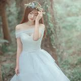 2016春夏季新款一字肩婚纱简约拖尾韩式新娘结婚礼服白色修身大码