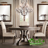 美式实木圆餐桌新古典橡木圆桌法式餐桌可伸缩复古做旧餐桌椅组合