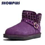 showplus 冬季新款牛皮编织女雪地靴子 搭扣保暖鞋短筒防水防滑