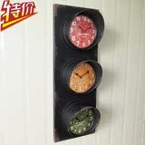 特价复古三表盘创意交通红绿灯钟表挂钟墙壁装饰创意壁饰钟表包邮