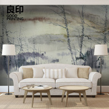 良印水墨印象派手绘中式灰色调大型壁画 卧室客厅背景墙墙纸壁纸