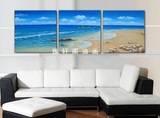 手绘油画客厅卧室装饰画沙发背景墙风景蓝色地中海 海景三联无框