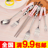 韩国可爱陶瓷柄不锈钢餐具 儿童创意筷子叉长柄小勺子调羹甜品勺