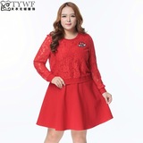 大码女装套装两件套裙子秋冬装新款韩版胖MM显瘦长袖红色连衣裙潮