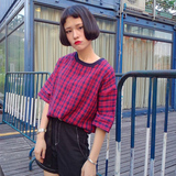 夏季女装韩国ulzzang原宿bf风复古格子短袖T恤 宽松半截袖上衣潮